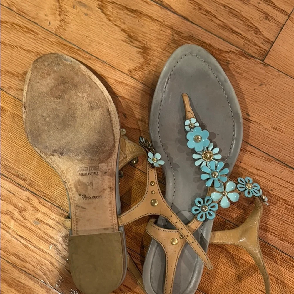 Miu Miu Tan and Blue Sandals with T-Strap Design - Picture 2 of 4